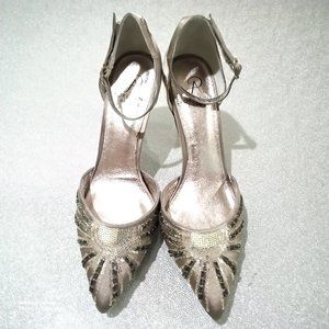 Adrianna Papell Platinum Ankle Strap Satin & Sequined Stiletto 3" Heels NWOB 9M